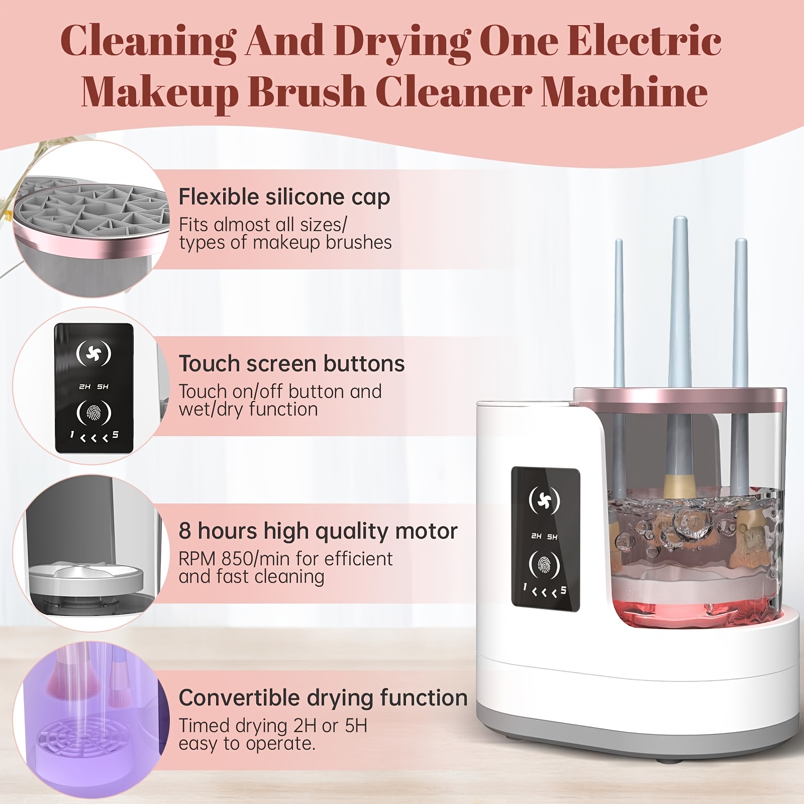     designed for cleaning makeup brushes beauty blenders and makeup   automatic deep cleaning with uv drying suitable for   hardto   tools and beauty styling products timer   and with a stand details 3