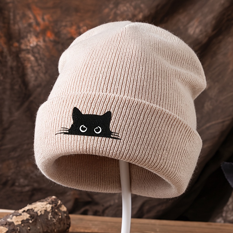 Image of Trendy Fashion Black Cat Head Embroidery Beanie, Street Hip-hop Brimless Cap, Party Holiday Unisex Winter Warm Knit Hat, Men's Outdoor Riding Warm Ski Cap
