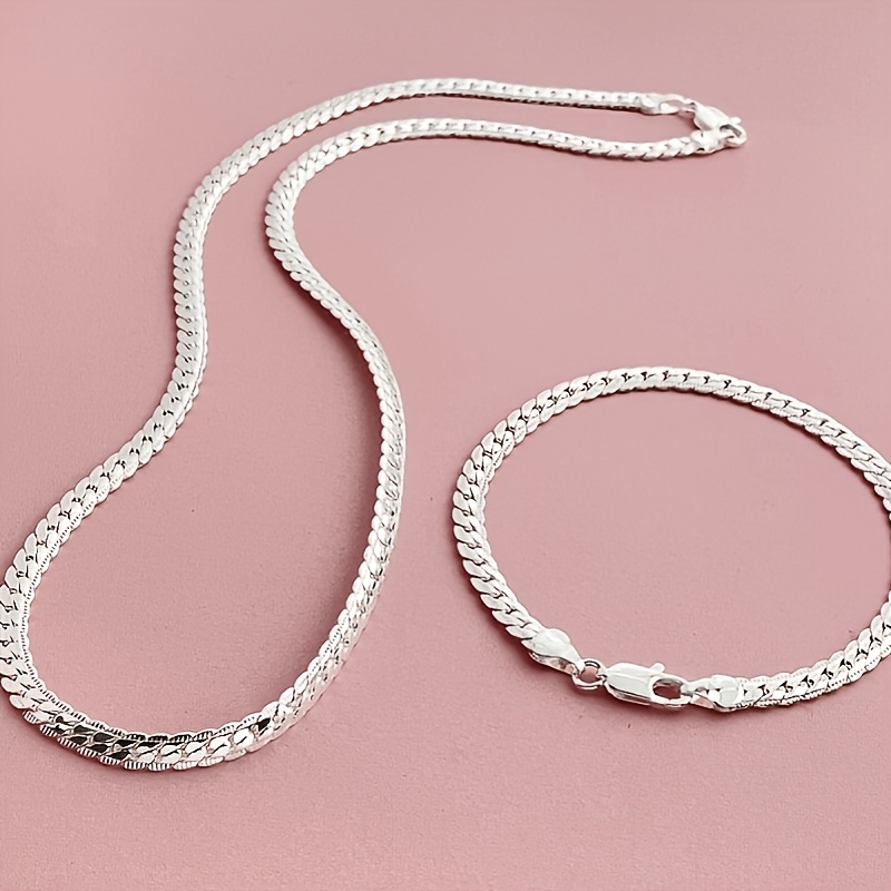 TEMU Parure collier et bracelet tendance 5 mm en sculpté plaqué argent - Parure de collier pour homme et femme, adaptée à un port , cadeau de bijou à