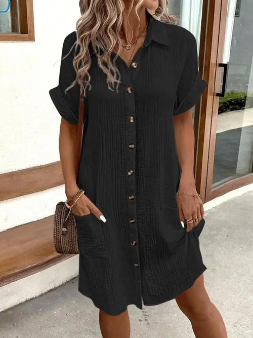 womens summer mini dress short sleeve lapel collar button pocket dress fashion shirt dress