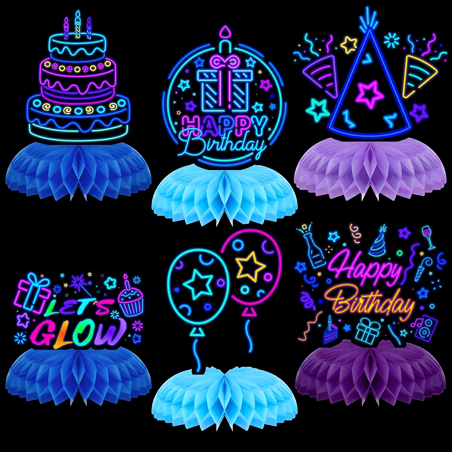 Image of 6pcs Birthday Centerpiece Neon Birthday Decorations Honeycomb Centerpiece Suitable For Table Neon Party Supplies,for Christmas, Halloween