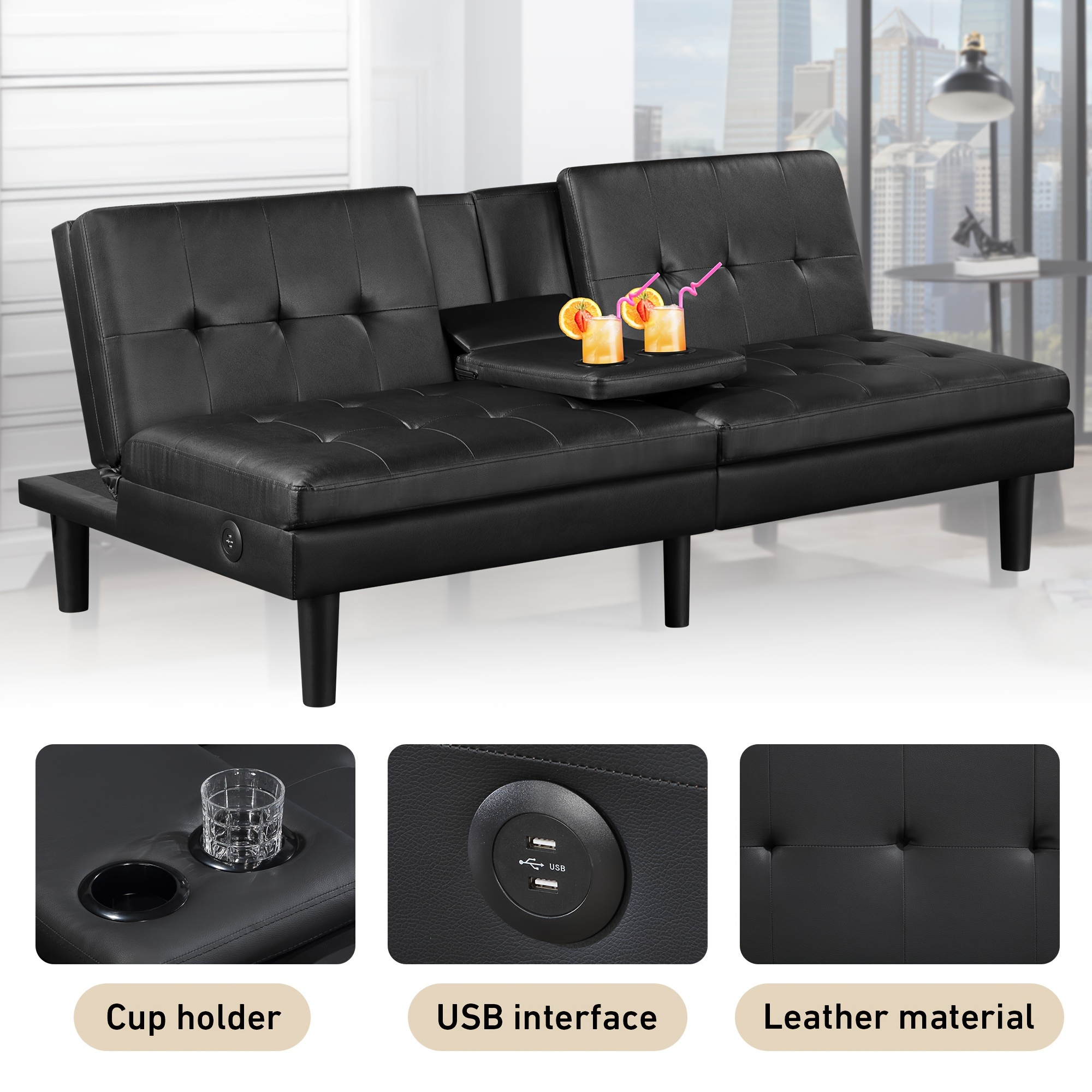 

Futon Sofa Bed Modern Folding Sofa Couch With 2 Cup Holders, Usb Port, Faux Leather Convertible Recliner For Living Room