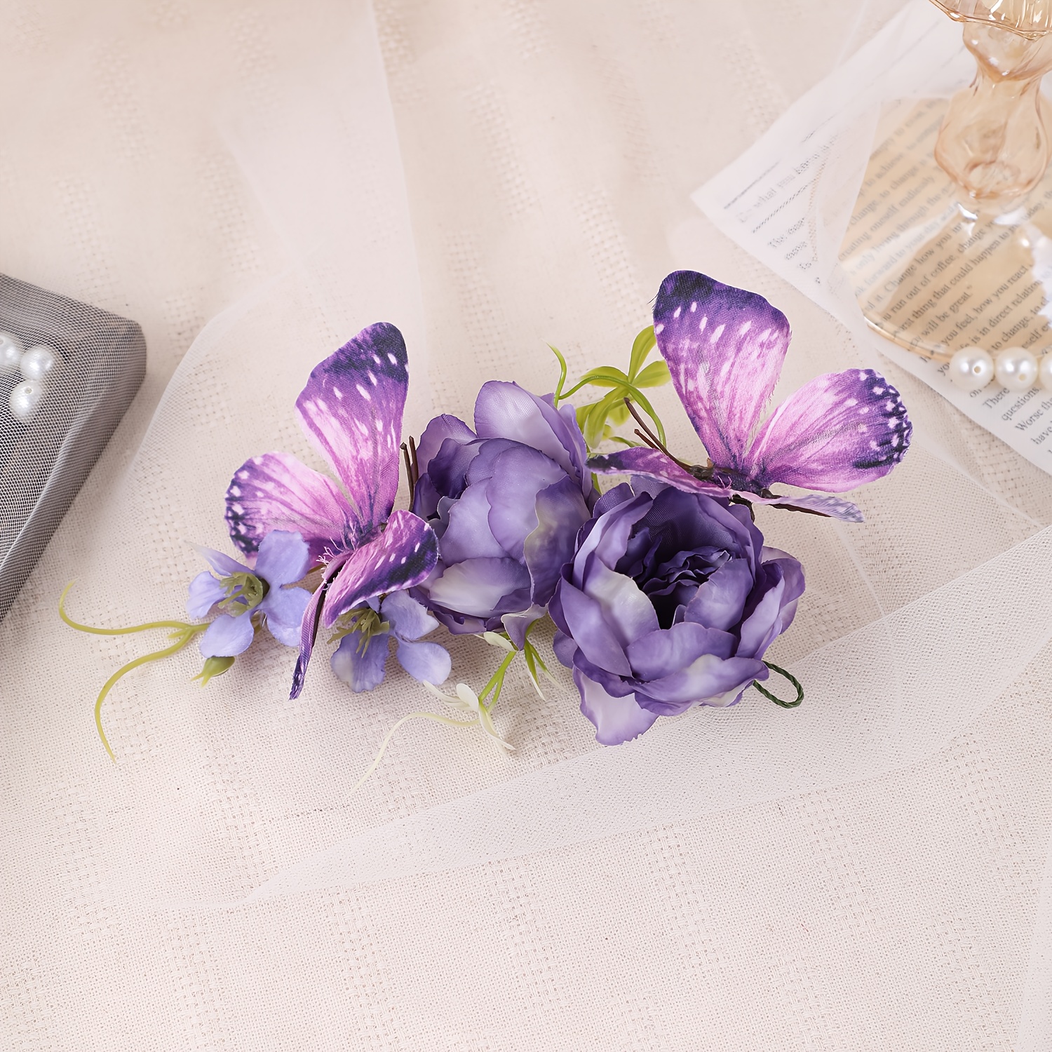 Image of Purple Artificial Flower Bridal Hair Clip With Edge, Wedding Hair Accessory For Party And Banquet Headpiece