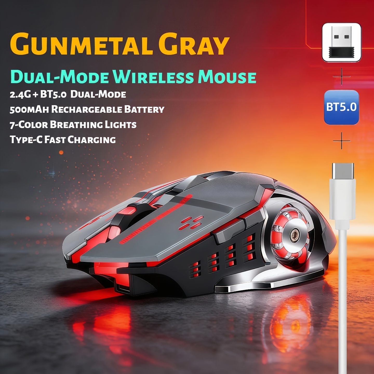 TEMU Wireless Gaming Mouse- 2.4g And Bt5.0 Connection, 7-color Led Backlit Mouse, Type-c Rechargeable Long Battery, Silent Ergonomic Full-size Mouse