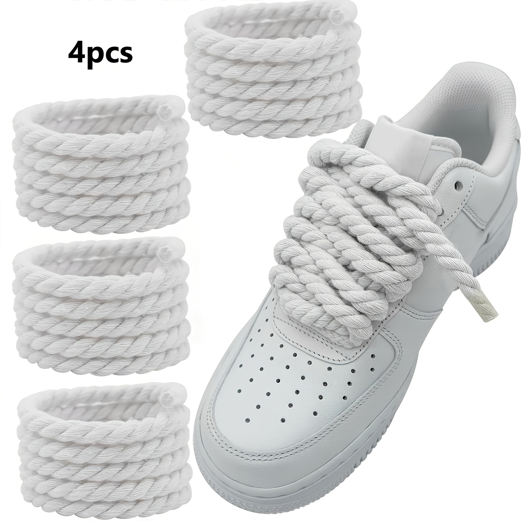 Image of 4pcs Round 8mm Solid Color Hand- Hemp Rope Thickened Shoe Laces - 140 Cm Long Durable And Stylish Thick Lace For Sneakers, Round Chunky Shoelaces Replacement Laces For Af1 Sneakers, Without Battery