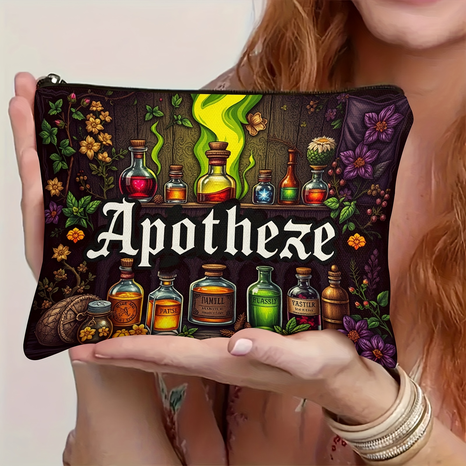 Travel Bag - Mysterious Medicine Bottle And Floral Kit, Lightweight Portable Cosmetic Bag, Perfect Gift For Holidays And Travel, Durable Zipper Closure Travel Bag