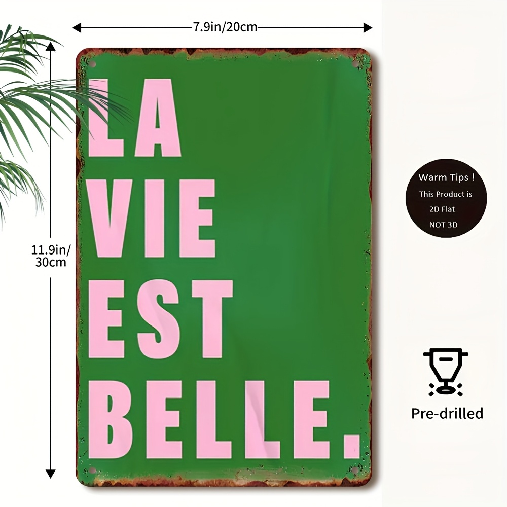 TEMU Panneau Mural Plat 2D, 1pc avec Inspirant " EST BELLE" - Décor Vintage Vert & Rose - Art Métallique Durable 20.32X30.48Cm pour Maison, Café,