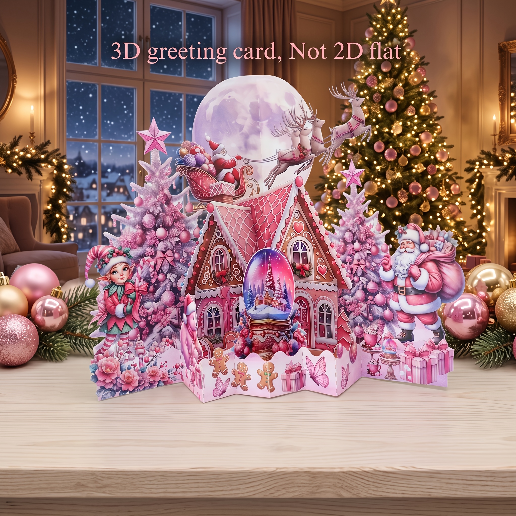 TEMU Pink Christmas Gingerbread House 3d Pop-up Greeting Card (with Envelope) Macaron-colored Santa Claus, Reindeer, Elf, Crystal Ball Design,