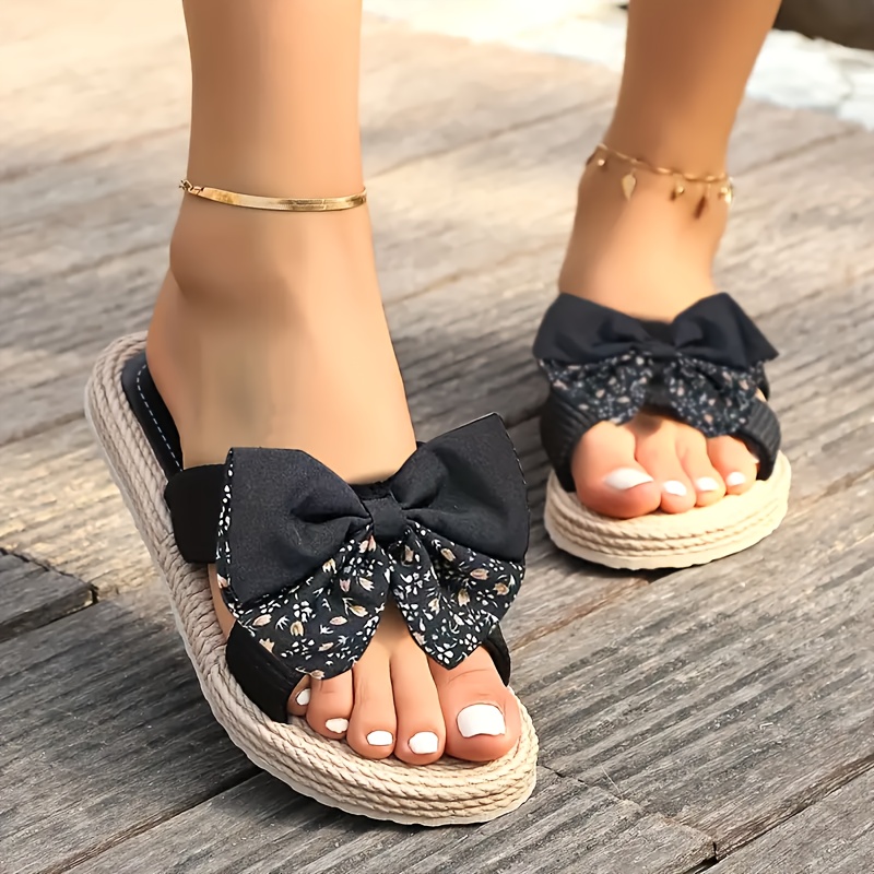 breathable linen slides open toe lightweight   stylish slip on shoes for indoor outdoor relaxation vintage round toe flat sandals with decorative bow indoor outdoor shoes vintage style sandals eva sole sandals details 19