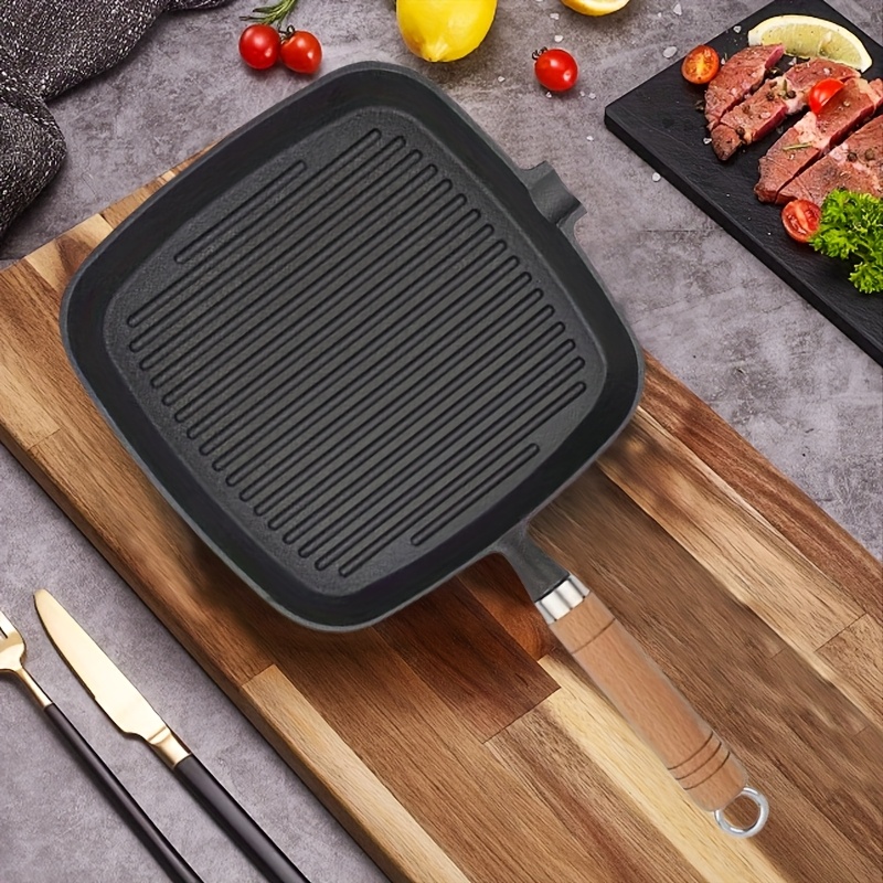 cast iron pan non stick baking pan steak pan wooden handle steak special pan   thickened steak pan multi functional baking pan with pouring mouth square large cooking surface durable frying pan indoor and outdoor barbecue black striped frying pan l 1 0