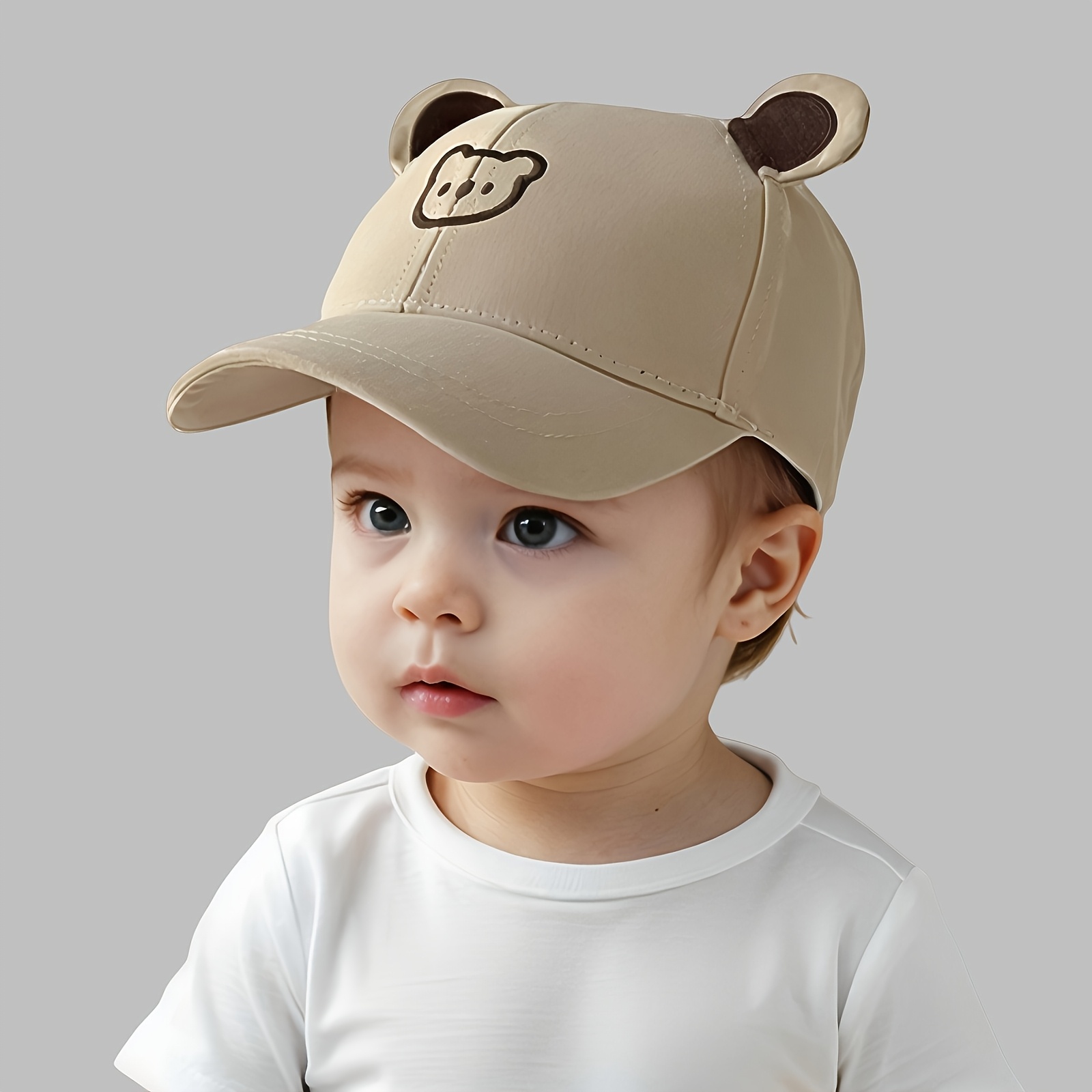 Image of 1pc Adorable Cartoon Bear ' Baseball Cap - Lightweight, Breathable Polyester With Cute Ear Accents, Hat For , Ideal For Everyday Outdoor Activities & Travel, Fits Ages 1-3