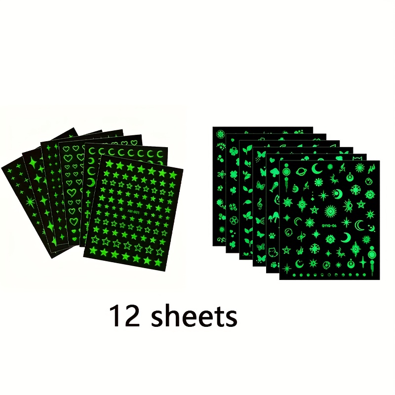 Image of 12pcs Set -the-dark 3d Nail Stickers - Star, Heart, Moon, Flower, And Shapes, Hypoallergenic Self-adhesive Design With Glitter Finish, Perfect For Women's Diy Nail Art, Korean And Nail Tools