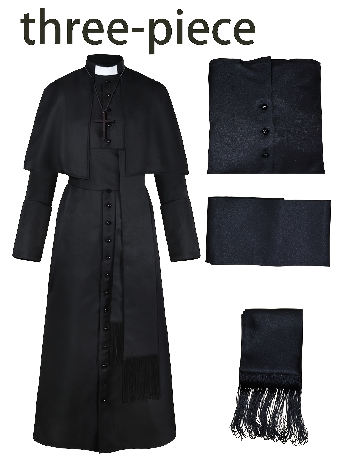Men's Black Robe Three-Piece Set: Robe, Cape, and Belt