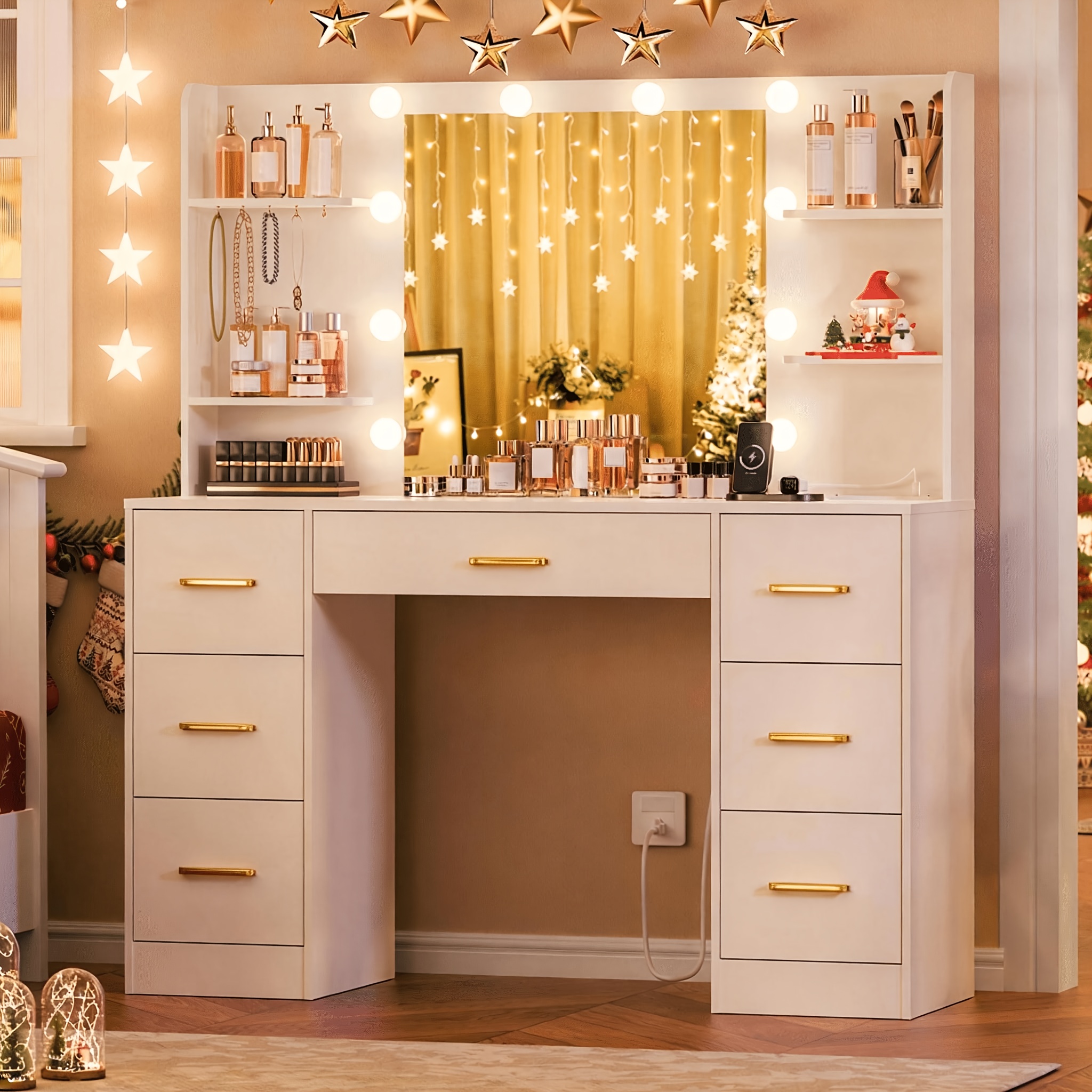 TEMU Modern White Led Vanity Table With Mirror - Dressing Table Suitable For Bedroom, 7-drawer Storage With 4 Shelves & 5 Hooks, Plug-in Makeup Desk