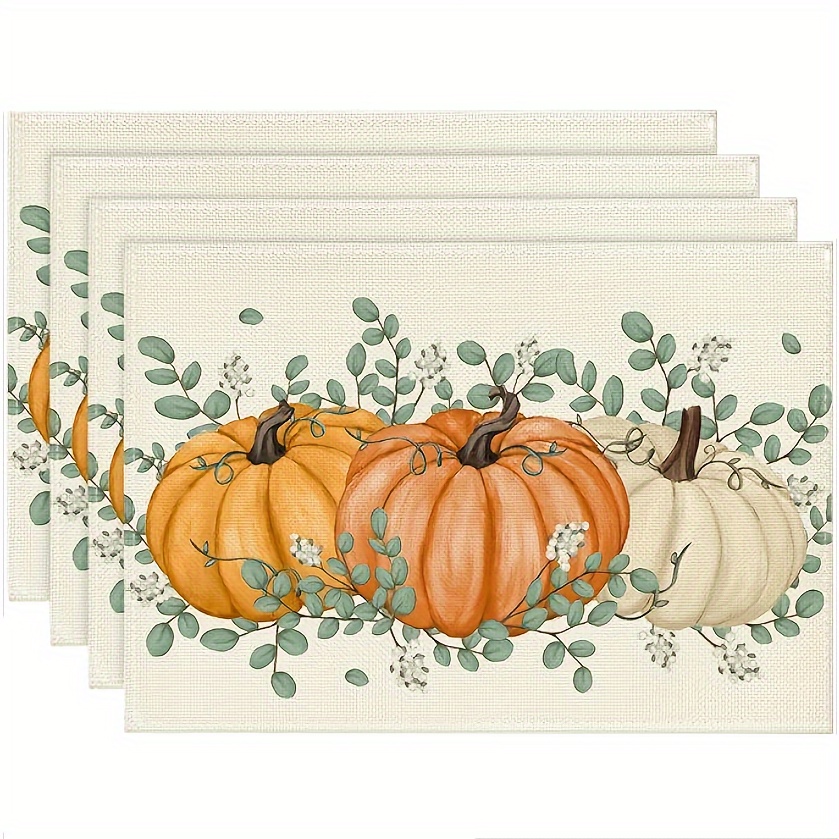 

Orange Pumpkins Eucalyptus Leaves Fall Placemats Set Of 2/4/6/8, 12x18 Inch Autumn Thanksgiving Day Holiday Table Mats For Party Kitchen Dining Decor