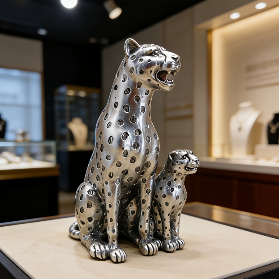 TEMU 1 Exquisite Vintage Silvery Mother And Cub Leopard Statue Ornament, Resin Craft Leopard Figurine, Office Desktop Decoration, Display Cabinet