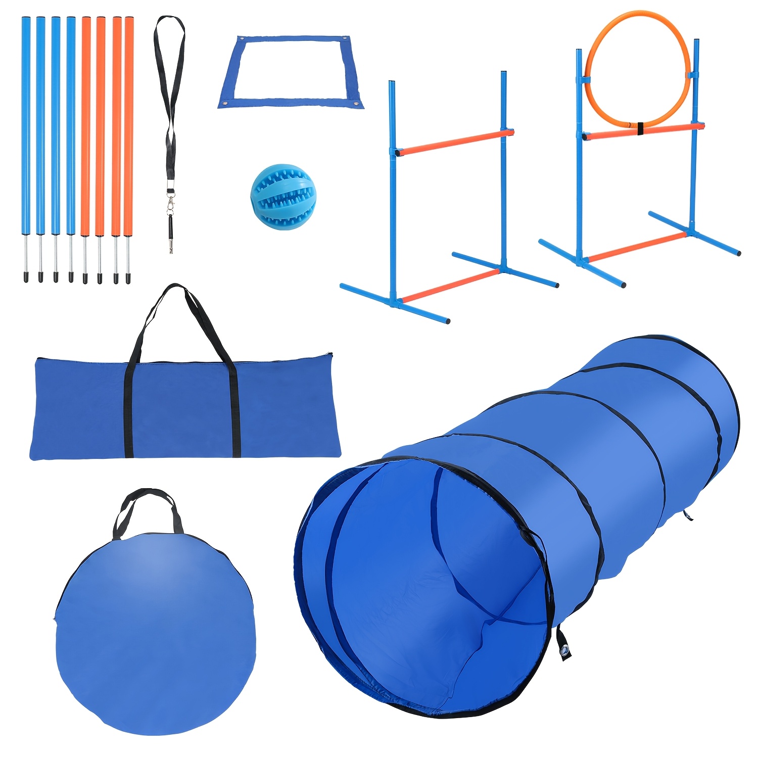 TEMU Pet Agility Training Set Dog Kit Adjustable-height Jump Bars And Hoops Portable Dog Agility Training Equipment Set Jump Hoops, Dog Tunnel, 8