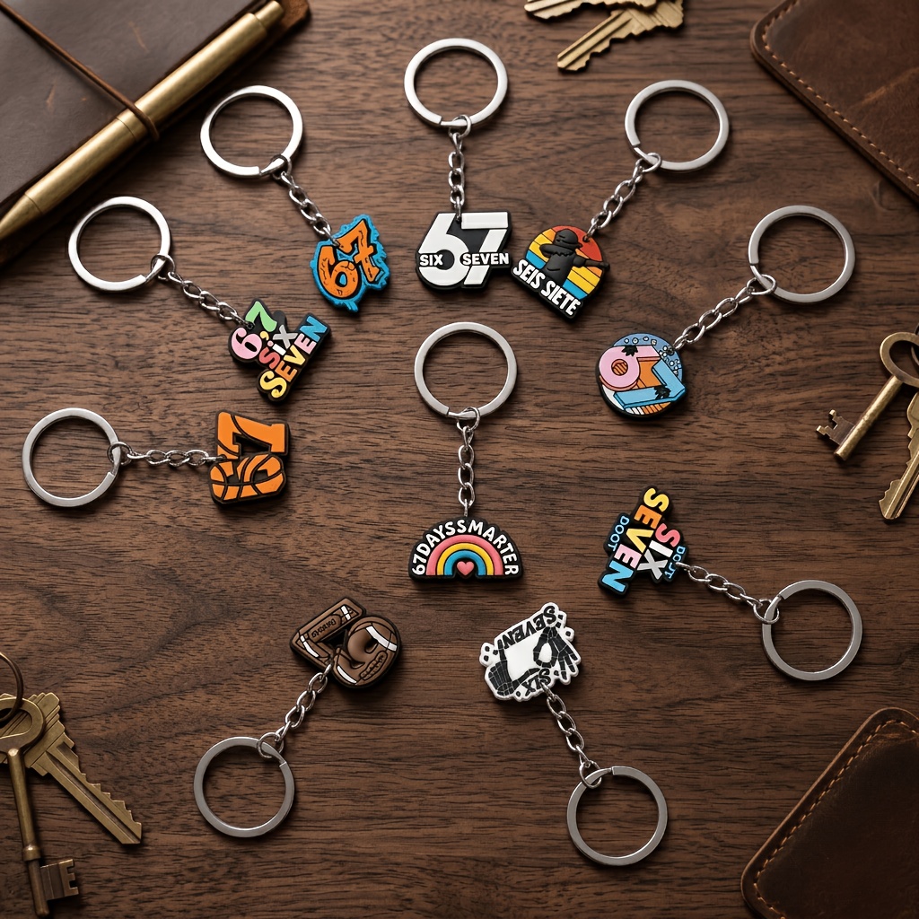 TEMU 10pcs Set "67" Themed Pvc Keychain - No. 67 Ornament, Soft Rubber Diy Accessory, Suitable For Bags, Keychains, Backpacks, Wallets, Universal