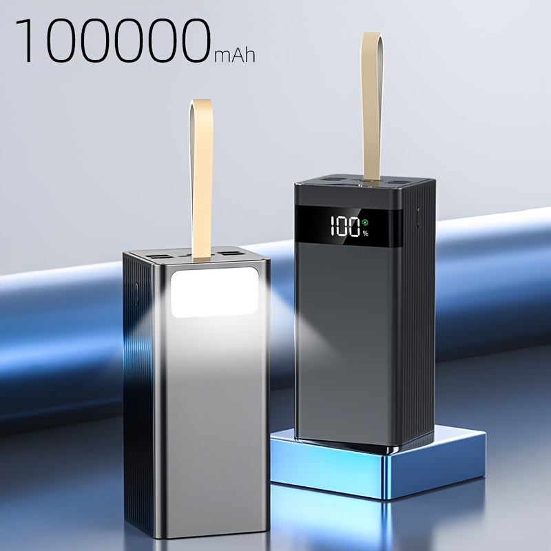 TEMU 100000mah Power Bank, 22.5w Super Fast Charge, Large Capacity Power Bank, Display, Leather Lanyard For Easy Carrying, Outdoor Camping Led Light,