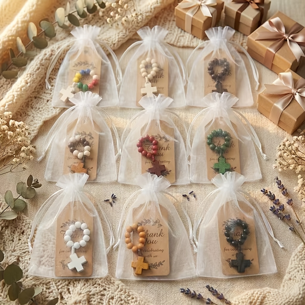 TEMU Set di Rosari in Legno a Croce per , 27 pezzi, 9 Set, 9 Rosari per , 9 Etichette di Ringraziamento, 9 Sacchetti in Organza, Fai da Te, per Feste