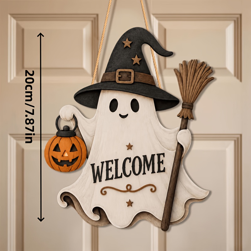 Image of Welcome Door Hanger, Cute Halloween Sign, Witch Hat Decoration, Wooden Halloween Door Sign Halloween Christmas Decoration