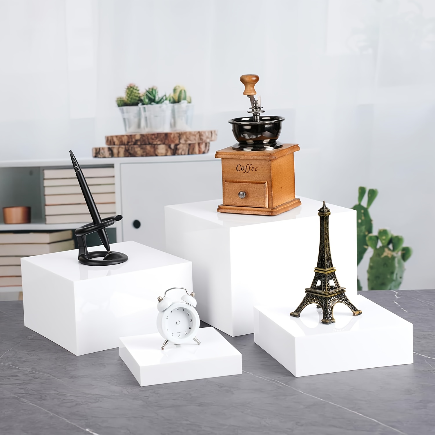 Acrylic stand for display, buffet food stand, catering desserts collectibles jewellery character display stand, acrylic cube display nesting stand, hollow bottom 4 different sizes cube acrylic product display stand for party decoration
