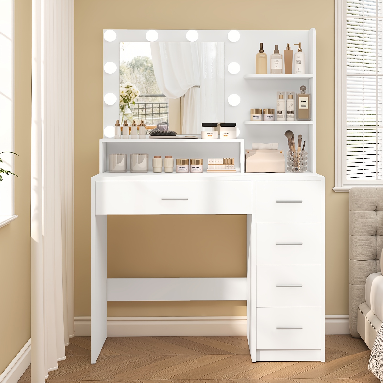 TEMU Athwel Makeup Vanity Desk With Mirror & Lights, Vanity Desk With 5 Drawers & Storage Shelves, Vanity Table, 3 Color & Adjustable Dressing Table, Bedroom, White