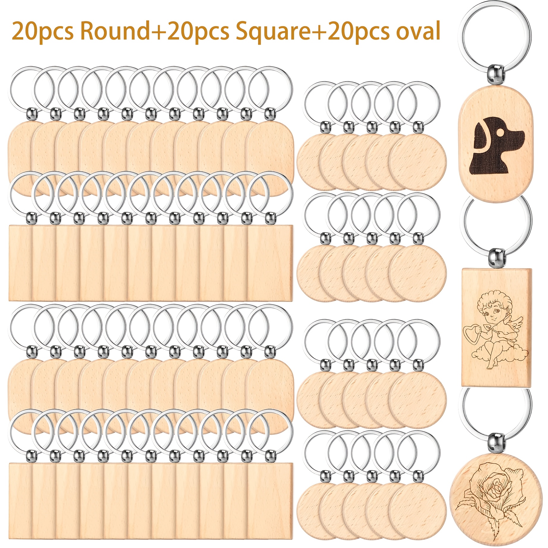 Dofiki 30/60pcs Wooden Keychains, Round/square/oval Set, Laser Engraved Keychains, Suitable For Diy Handmade Gifts, Keychains And Key Tags