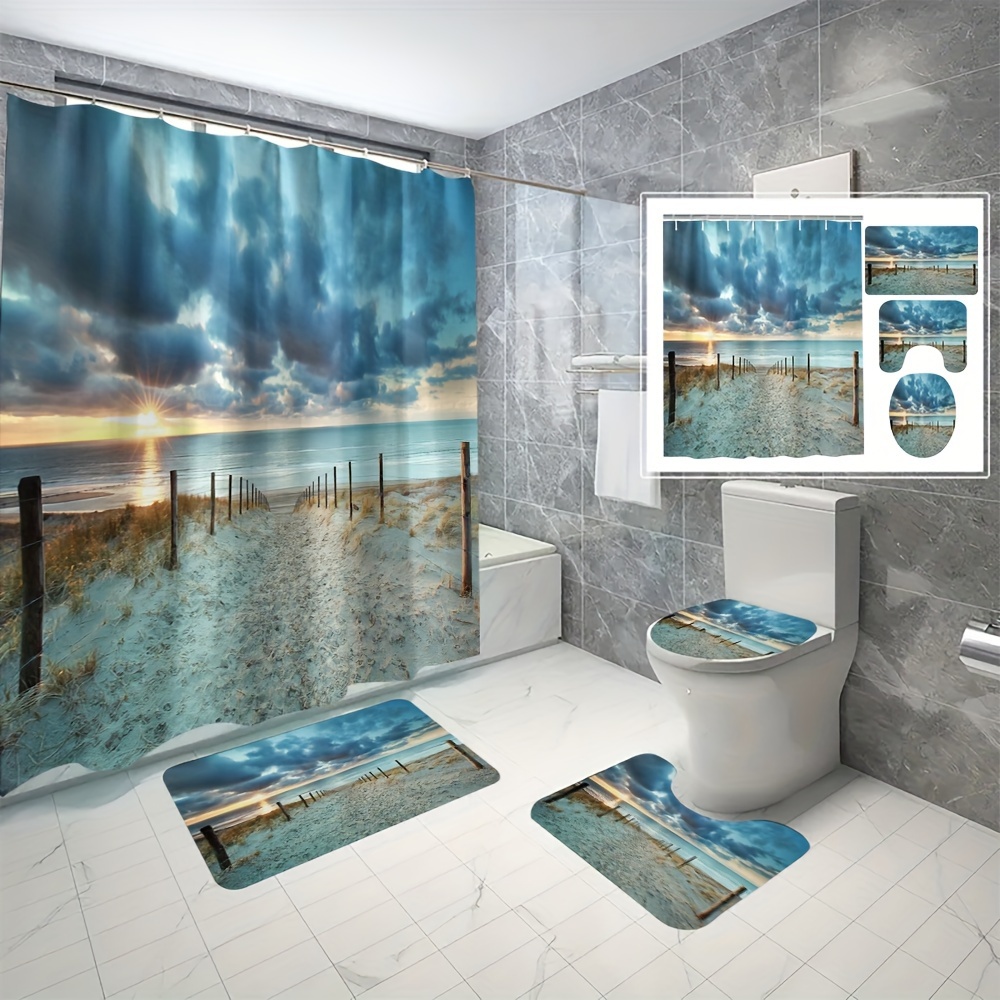 

4pcs Seaside Beach Scenery Bathroom Curtains, Digital 3d Printing Waterproof And Mold Resistant Shower Curtain Set, Bathroom Curtains Without Punching Shower Curtains