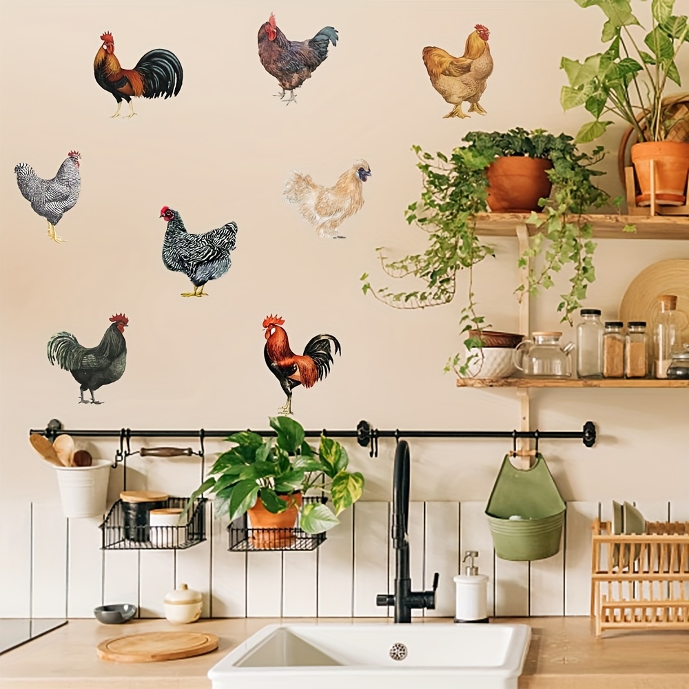 

1 Sheet Rustic Farmhouse Rooster And Hen Wall Decals, Reusable Pvc Anime-style For Kitchen, Playroom, And Storage Room Decor, Self-adhesive Irregular Shaped Striped Country-style