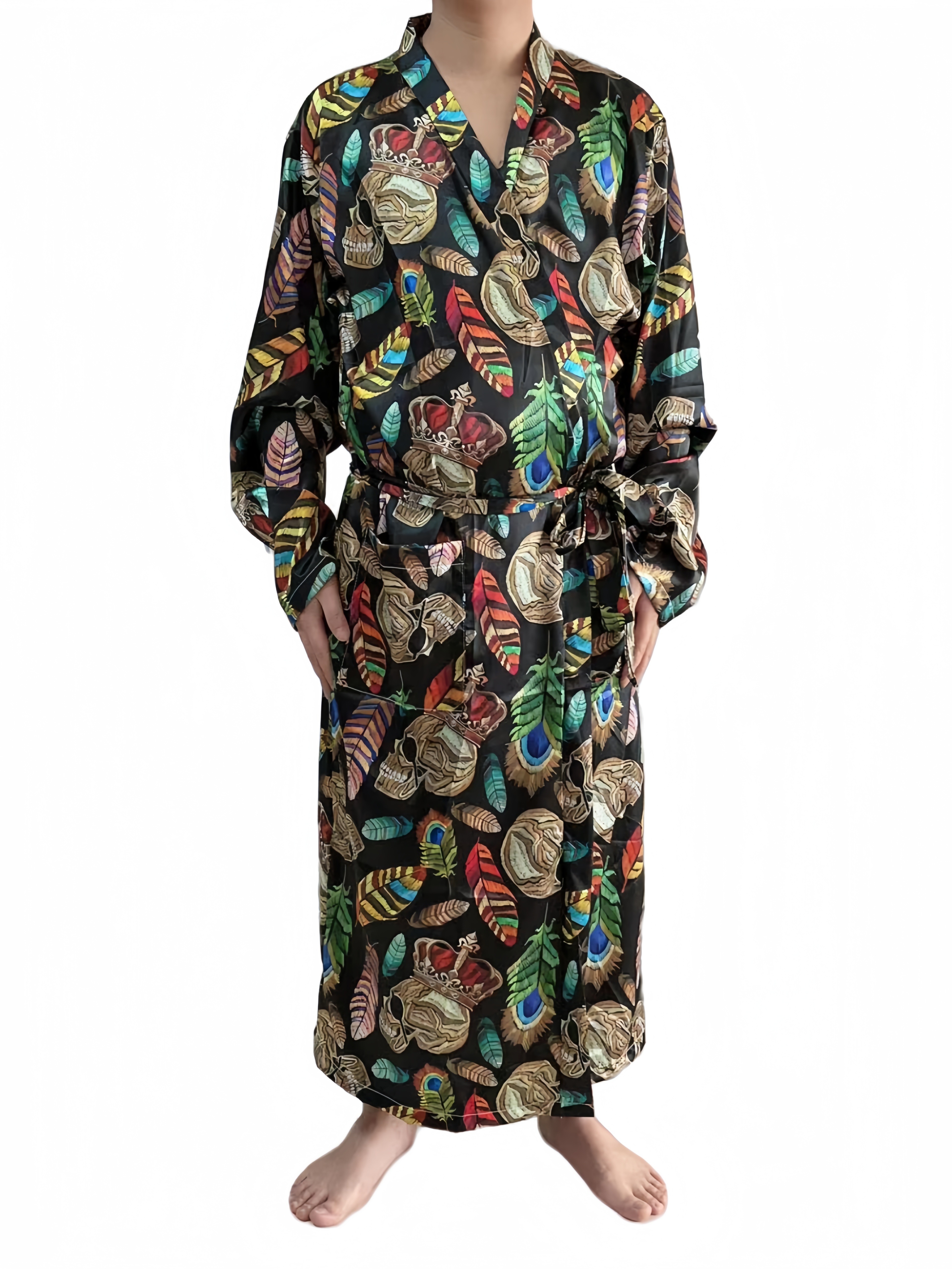 Men's Golden Chain Print Long Sleeve Bathrobe, Homewear Sleepwear For  Spring And Summer - Temu Romania