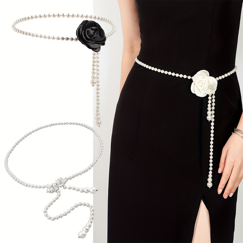 

Faux Flower Imitation Pearl Waist Chain Elegant Versatile Waist Belts Suit Coat Waistband Waist Cover For Women