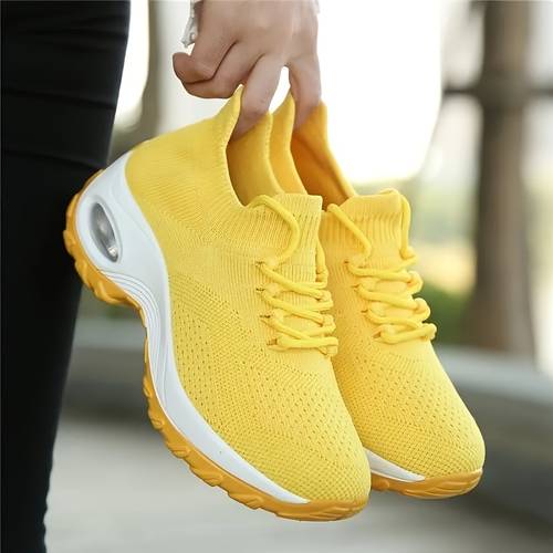 breathable knitted air cushioned womens running shoes lightweight non slip sports shoes fashionable design and transparent air cushion support womens breathable mesh sock shoes lightweight and soft sole casual hiking shoes