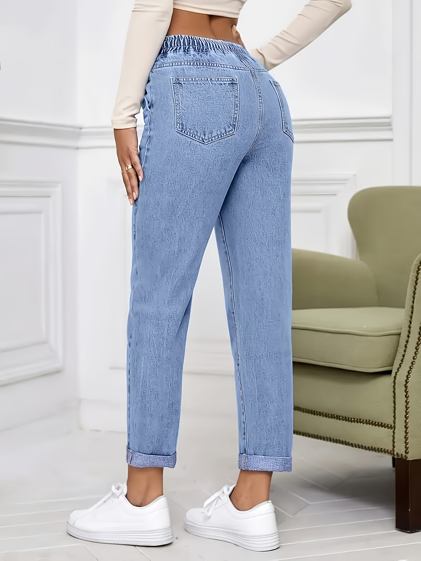 vrouwen stretch jeans - niet-doorzichtige rekbare broek met trekkoord taille, all-seizoen skinny jeans voor dagelijks & formele outfits - makkelijk wasbare denim- , veelzijdig garderobe must-have, opvouwbare zoomen, comfortabele pasvorm, casual wear liefhebbers 2