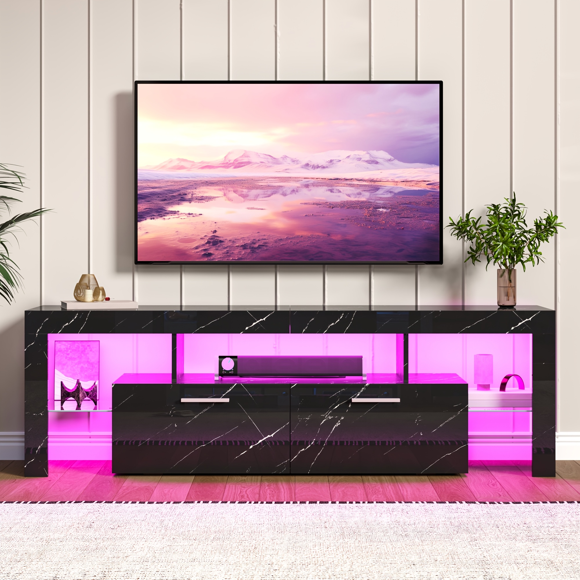 Image of Tv Cabinet High Gloss, Lowboard With Led Lighting, Tv Cabinet For Tvs Up Inches, With 2 Large Cabinets, 160 X 35 X 45cm