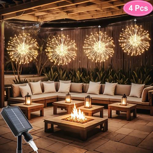 4pcs hanging solar powered outdoor firework lights 240 360 led sparkling starburst sphere lights warm white multicolor copper wire fairy lights for patio umbrella eave garden tree tent christmas decorationdecoration