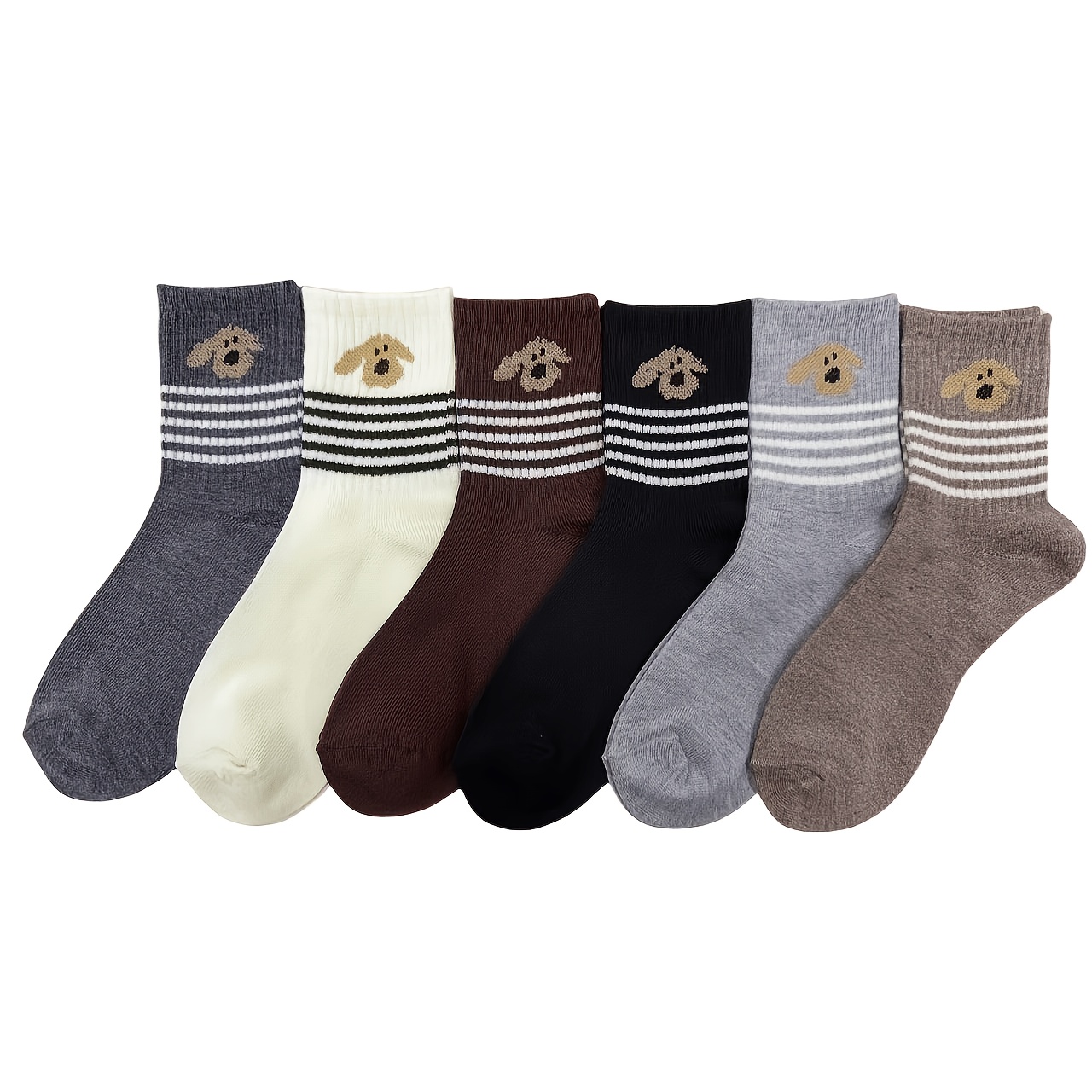 TEMU Lot de 6 paires de chaussettes pour femme, nouvelles, à rayures et imprimé chiot, pour , et l'hiver, style vintage polyvalent, palette de