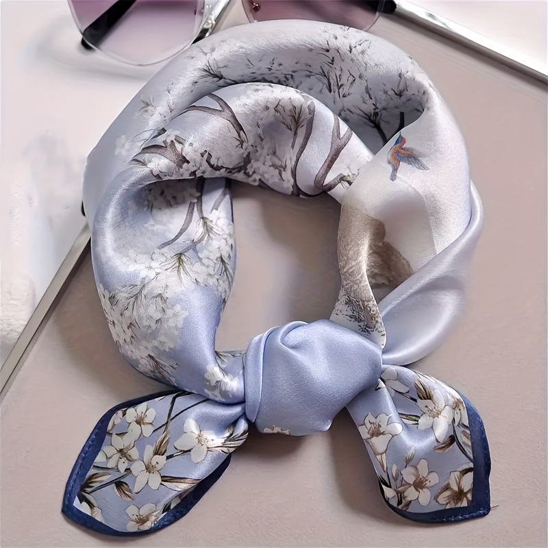 TEMU Women's Elegant Floral Print Scarf - Light Blue With White & Gray Retro Pattern, 100% Polyester Breathable Square Scarf For Casual & Parties,