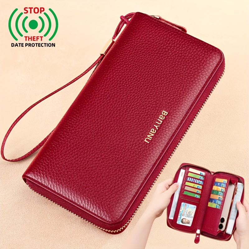 

Banyanu Luxe Red Genuine Leather Women' - Long, Large Capacity With Zipper Closure, Wrist Strap, And Theft Date Protection , Smartphone Storage|zipper Closure Purse|elegant Design