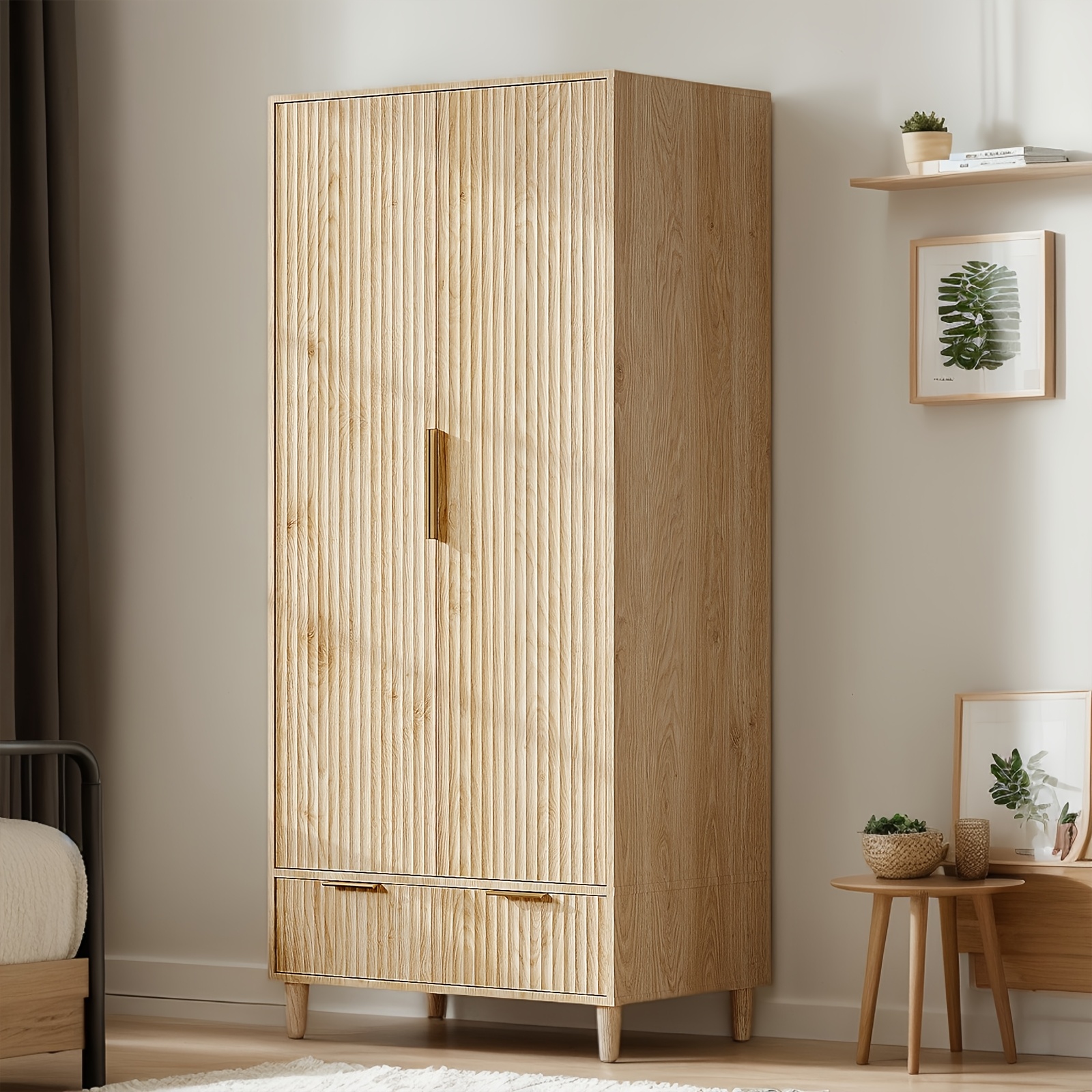 Bonnlo Fluted Wardrobe Armoire - Freestanding Wood & MDF Cabinet with Hanging Rack, Shelves & Drawers, Pre-Assembled Bedroom Closet Suitable for Apartments, Dorms, Small Spaces