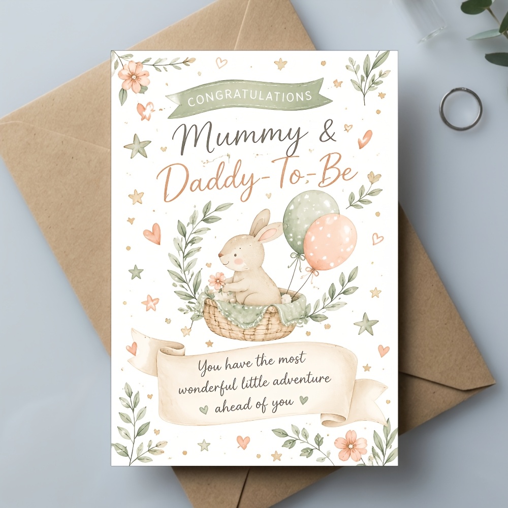 TEMU New Baby Congratulations Greeting Card, Watercolor Cute Rabbit With Adventure Wishes, For Parents-to-be, -to-be, Daddy-to-be, Ideal For Baby