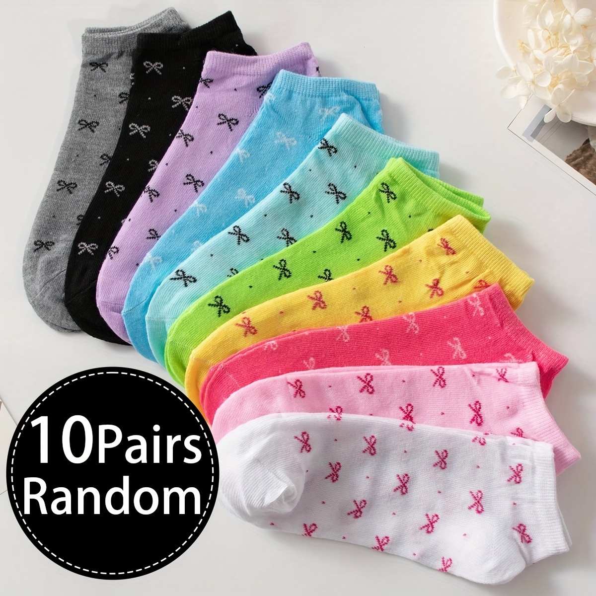 

10 Pairs Cute Bow Pattern Socks, Comfy & Breathable Short Socks, Women's Stockings & Hosiery