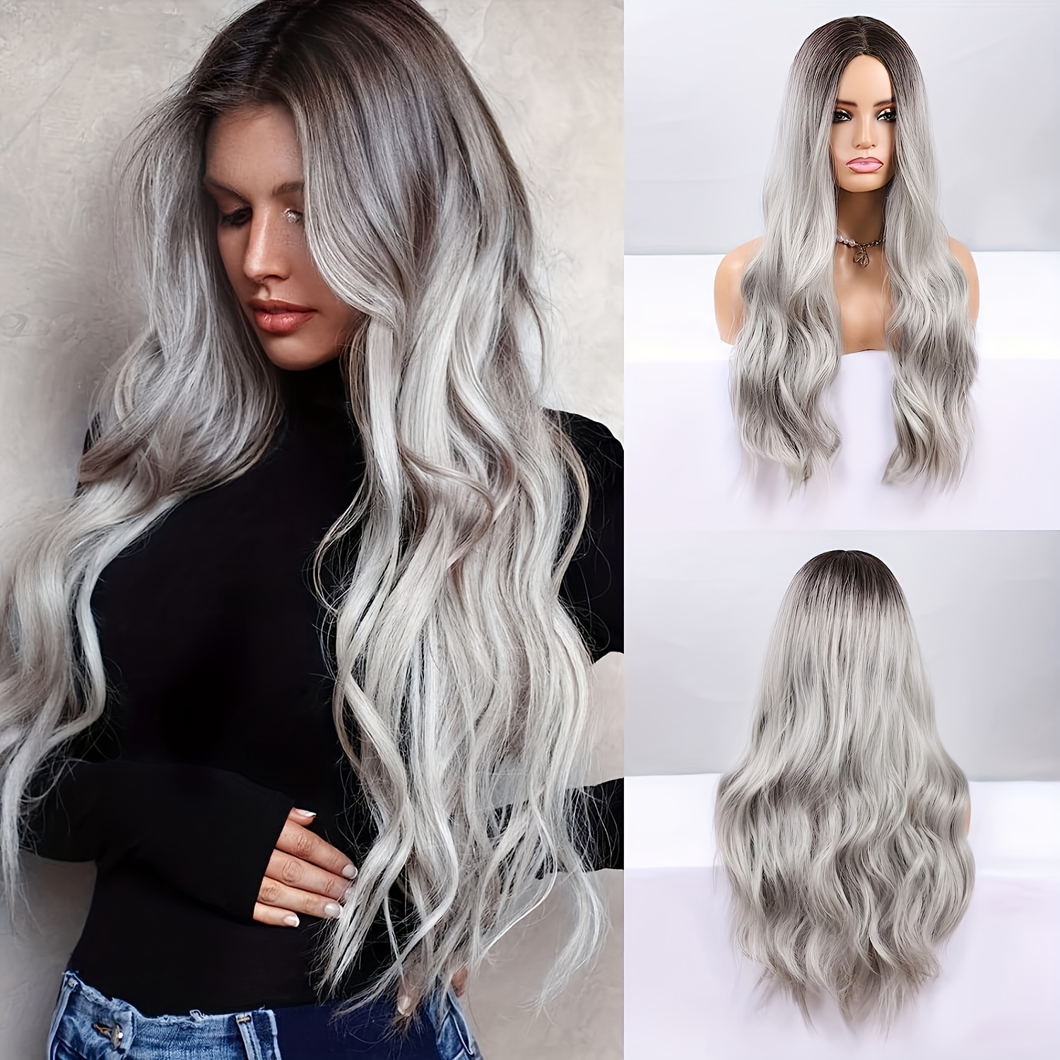 

Grey Wig Long Wavy Wig For Women Middle Part Wavy Wigs Synthetic Heat Resistant Party Wigs (grey) Music Festival