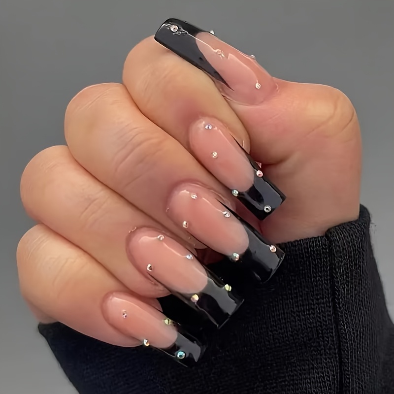 TEMU Unghie finte lunghe quadrate stile francese, unghie a a pressione, punte nere stile francese, decorazione , adatte per donne, set da 24 pezzi
