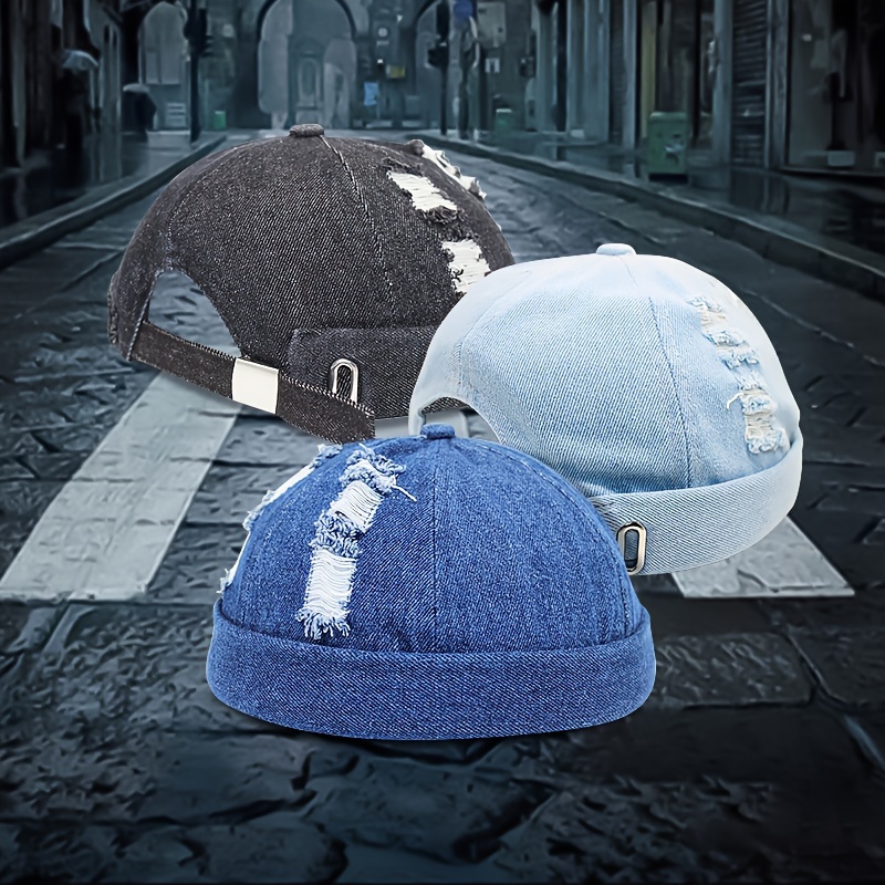 

Casquette de marin en denim délavé funky pour hommes et femmes, Skullcap rétro sans bord en coton tissé 100%, bonnet de mode vintage à bord effiloché