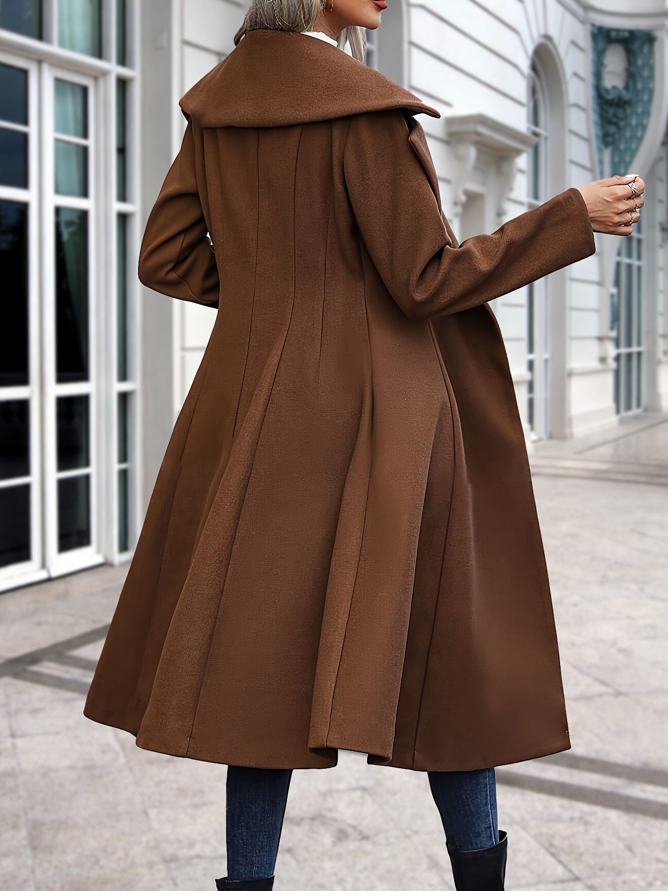 elegant long a line womens coat large turned collar waist Temu