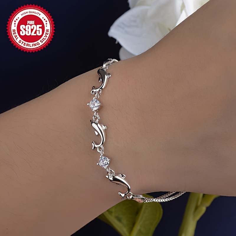 

Elegant 925 Sterling Silver Dolphin Chain Bracelet For Women, Hypoallergenic, Luxurious Gift For Couples , Weddings, Parties, Beach Vacations, Christmas And Thanksgiving, Anti-tarnish Packaging