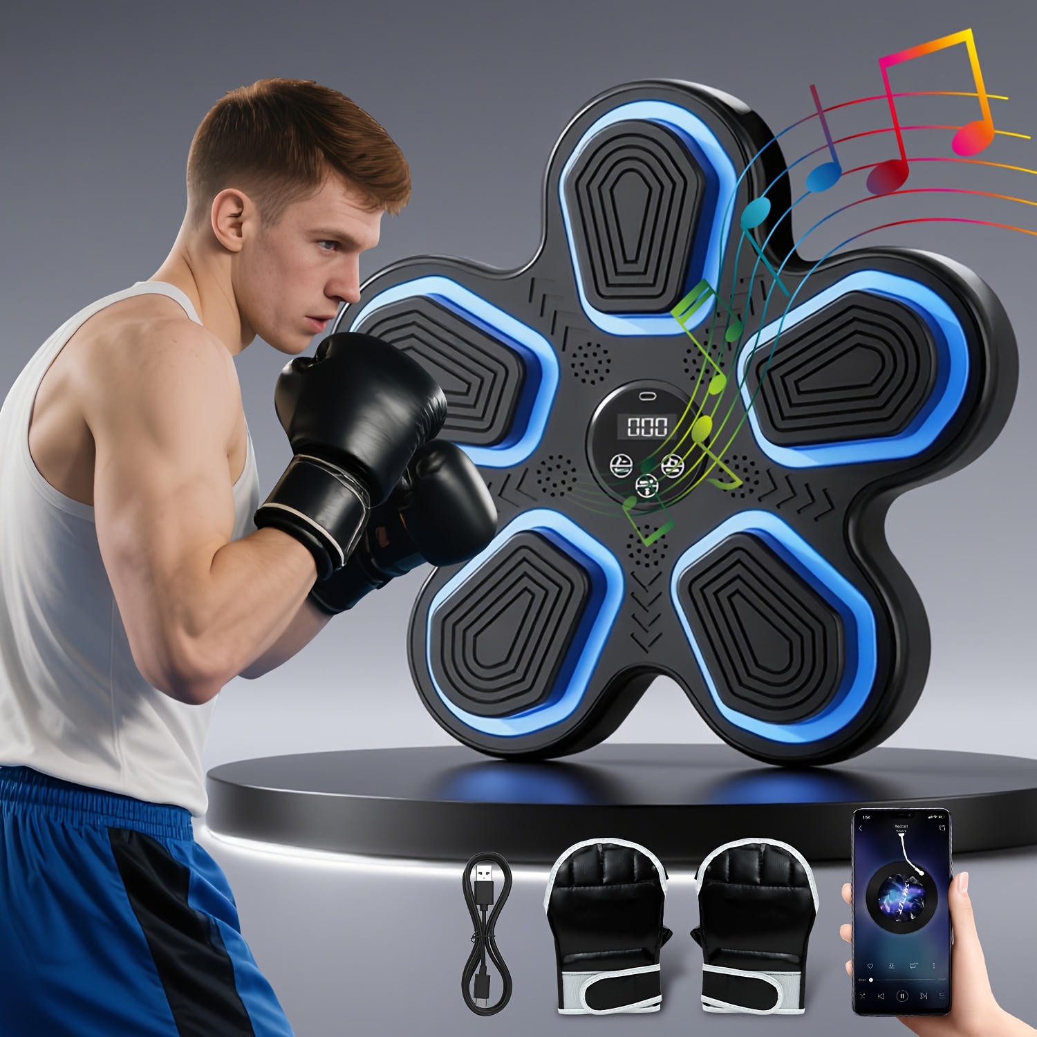 TEMU Smart Music Boxing Pad With Gloves - Wall-mounted Usb Rechargeable For Indoor Training & Relaxation, Black With Blue Light Effects, Rechargeable