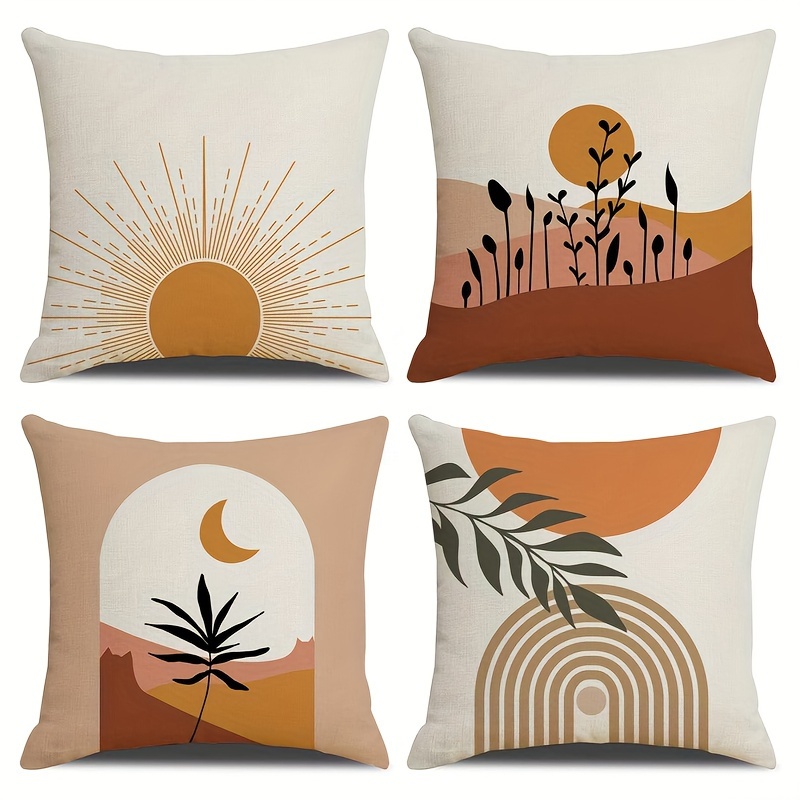

4-piece Boho Chic Throw Pillow Covers Set - 18x18 Inch, Linen Blend, Zip Closure - Perfect For Sofas & Beds, Features Sun And Moon Designs (inserts Not Included)