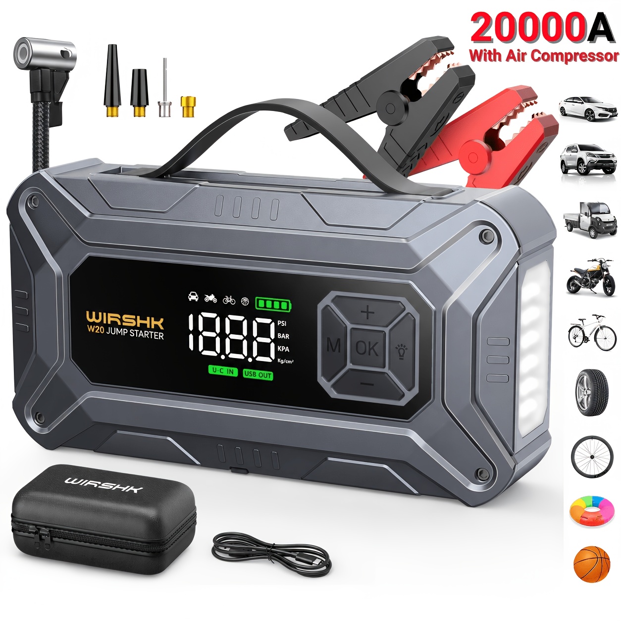 TEMU Jump Starter Power Pack With 160 Psi Air Compressor, Portable Car Battery Booster (all Petrol/12l ), 12v Car Jump Starter Power Bank With Jump